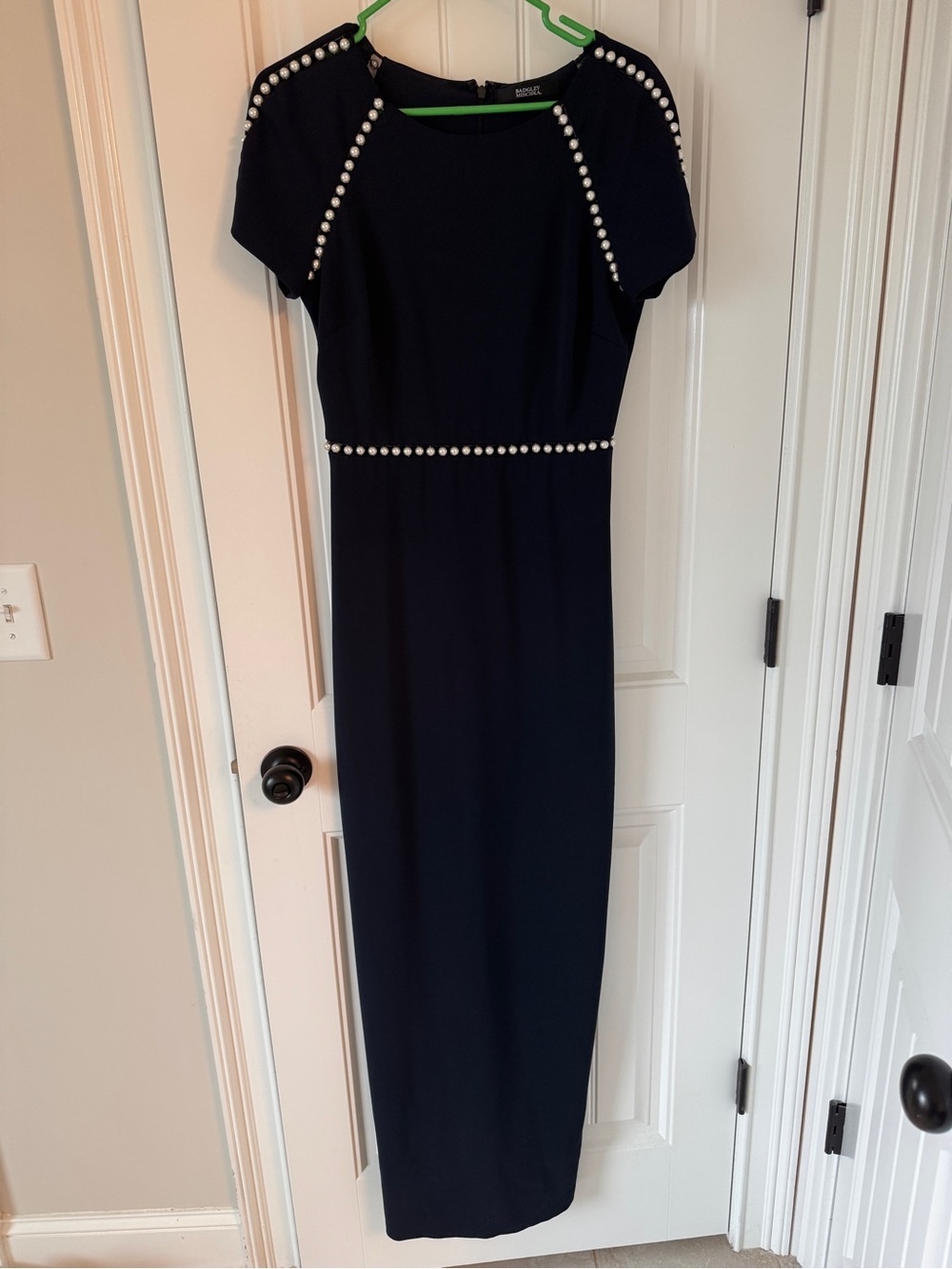 Badgley Mischka navy Maxi Dress with Pearl Trim
